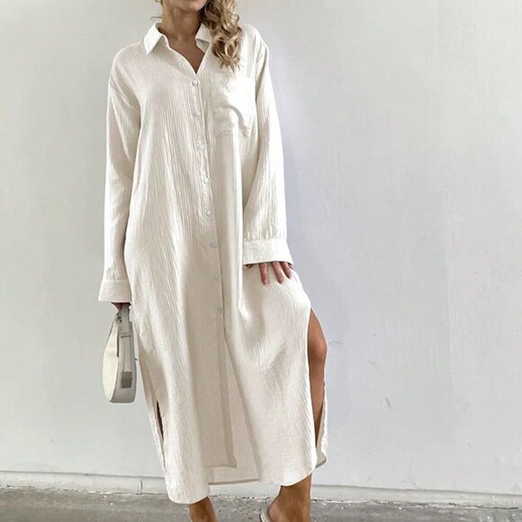 White Casual Womens Oversized Loose Maxi Shirt Dress - Picture 5 of 5